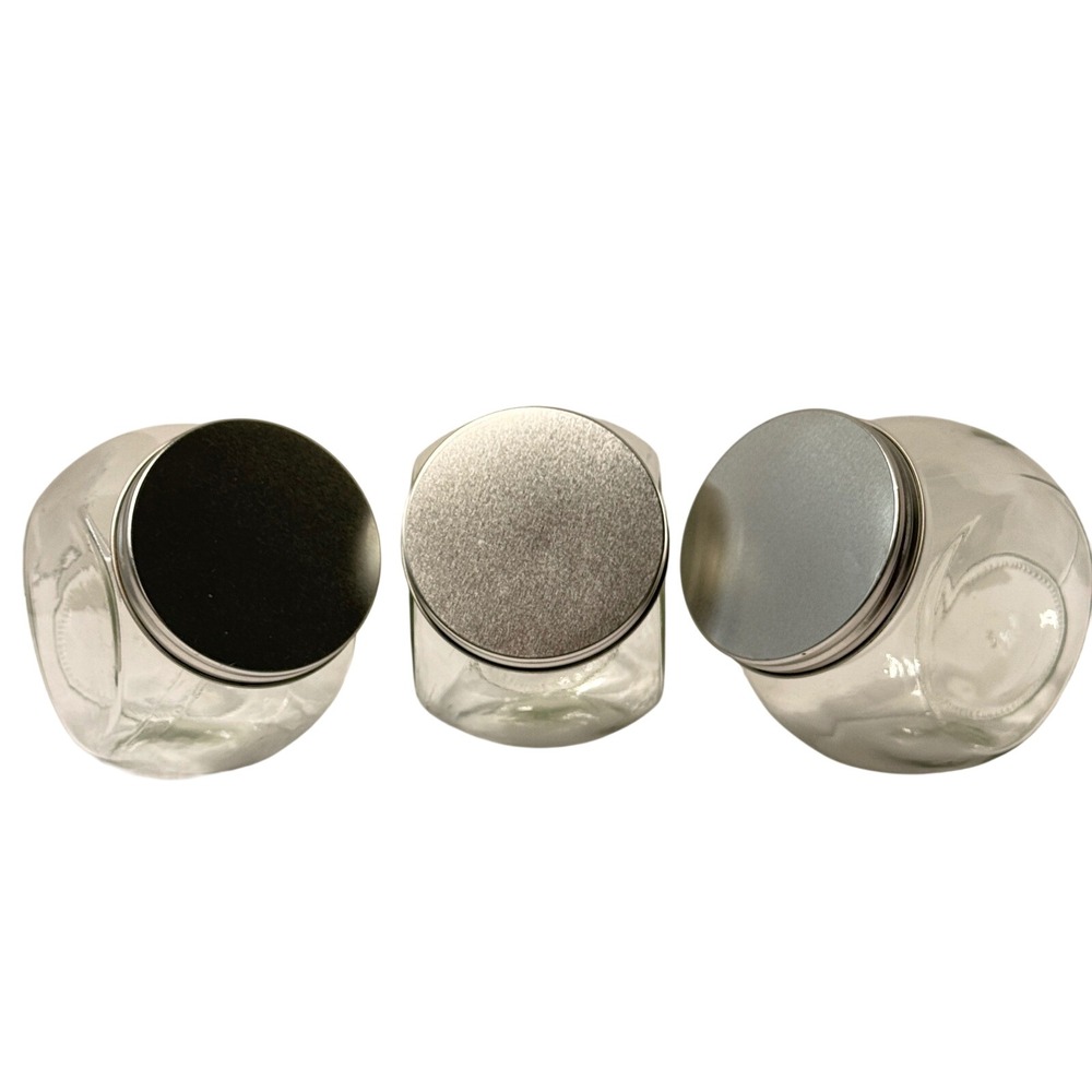 Set of 3 Clear Glass Penny Jars with Silver Metal Lids Tilted Storage Canisters